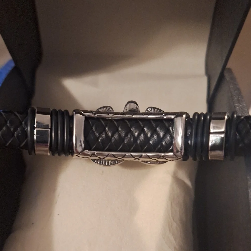 Men's Silver-toned Ram Head Cuff With Braided Leather Band Bracelet